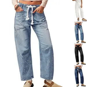 Danedvi Womens Baggy Barrel Horseshoe Jeans Wide Leg Drawstring Vintage Denim Pants with Front Pockets Fit Distressed