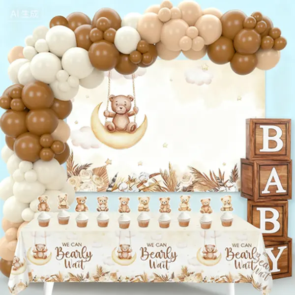 Baby Shower Party Decorations Set - Baby Boxes with Letters, Boho Balloons, Backdrop, Cake Topper, Tablecloth for Gender Reveal - Reusable, We Can Bearly Wait Design, Complete Party Supplies Kit