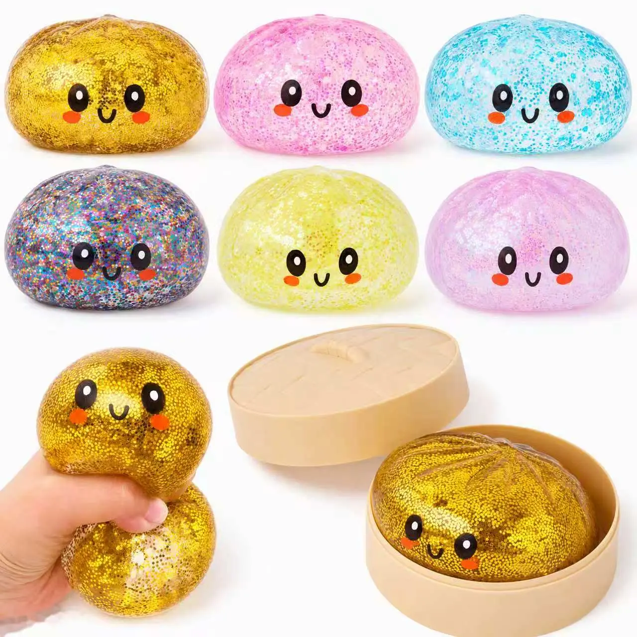 Glitter Squishy Mystery Box Dumpling Toy (1pc with Steamer Box) - Squishy Sensory Fidgets, Soft Stress Ball, Desktop Stress Reliever, Fidget Item, Colorful Steamed Bun Decompression Toy for Adult Gifts, Office Desk Decor