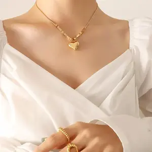 Gold Heart Bead Snake Chain Necklace for Women, Chic Square Pendant Design, Trendy Fashion Jewelry Accessory DZXL3675