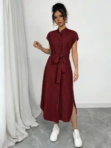 Women's Casual Chic Striped Midi Dress, Stand Collar Button Front Waist Cinch Belt Split Slit Dress, Daily Commute Versatile Bestseller Dress