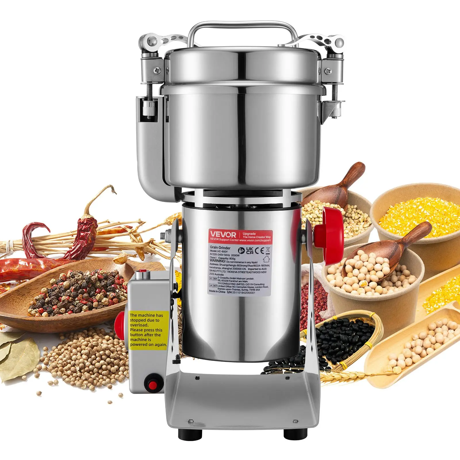 【Father's Day Gift】VEVOR 2100W Electric Pulverizer with Grain Mill Attachment, 1.8 lbs Commercial Stainless Steel Swing-Type Machine, for Dry Grains, Spices, Coffee