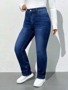 Plus Size Fashionable High Waist Washed Denim Jeans, Versatile For Everyday Wear