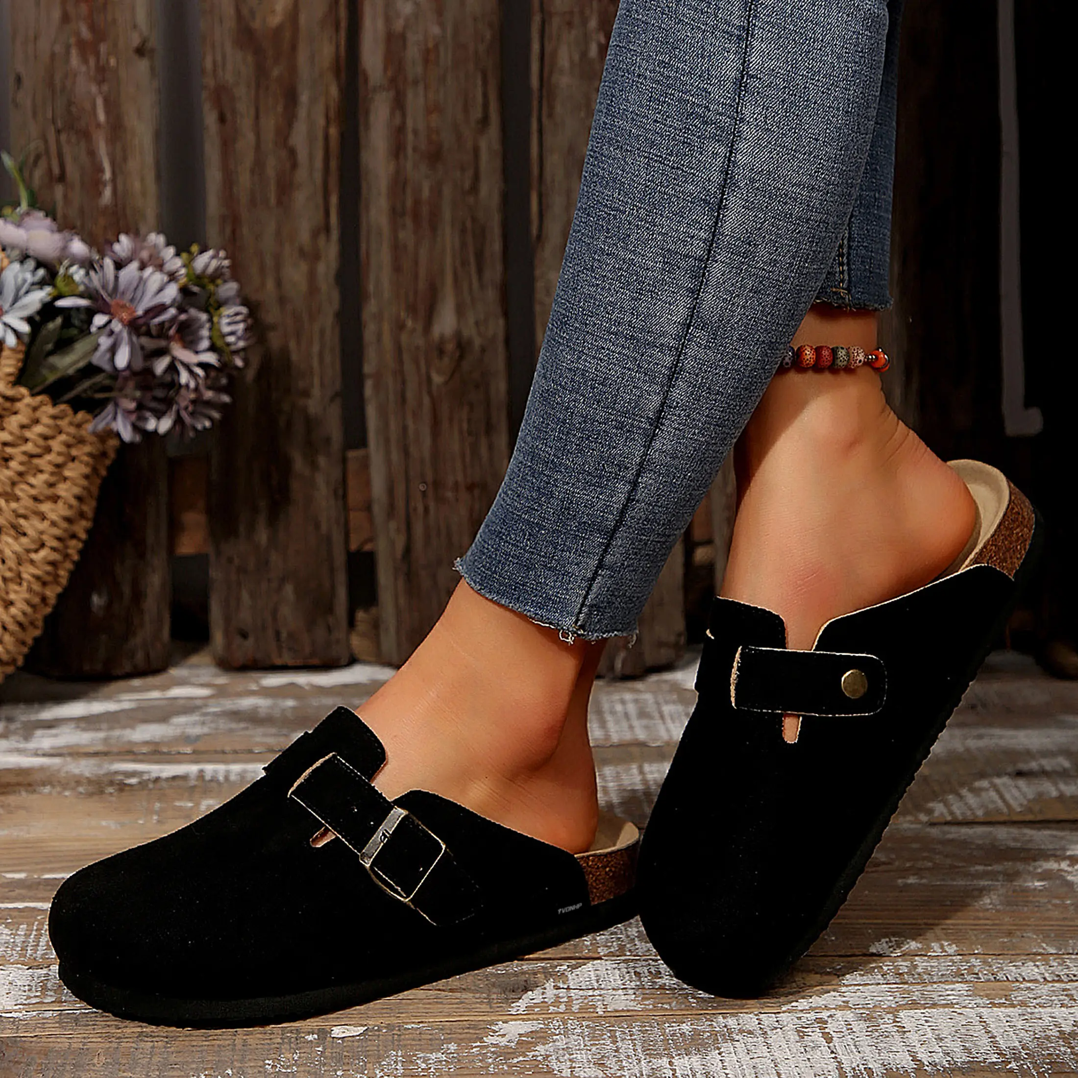 Women's Suede Clogs Slip on Mules Cork Footbed Potato Shoes Comfort Closed Toe Sandals with Adjustable Buckle