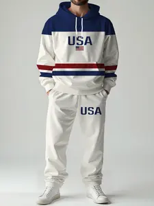 Colorblock Blue Striped Letter Set, Stripe Printed, Fitted Long Sleeve Hoodie + Casual Pants 2 Piece Set, Outfit, All Seasons