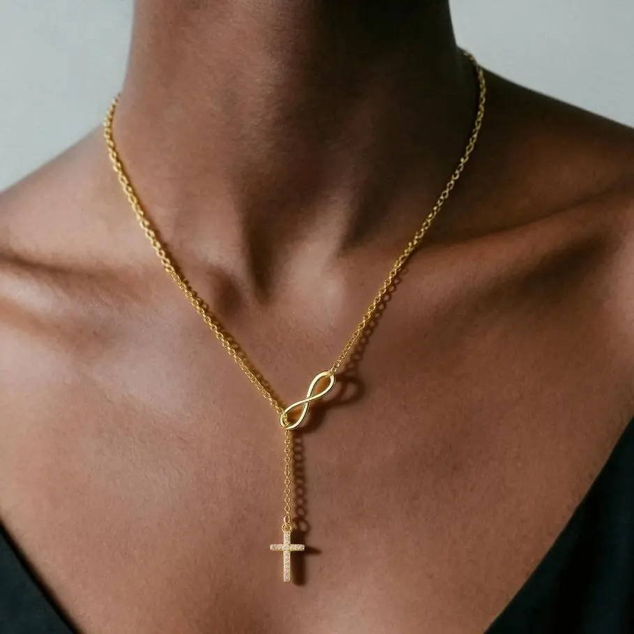 Infinity Cross Necklace for Women, 14K Gold Plated Necklace，Unique Trendy Dainty Cross Charm Pendant Y-Necklace Jewelry, Christian Faith Jewelry Religious Gifts