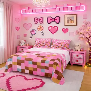 Pixelated Grid Bed Sheet Set for Kids,Games Gamepad Miners Sheets Set,Geometric Grid Square Pink Blocks Home Decor Sheet Set,with Deep Pocket,Top Flat Sheet