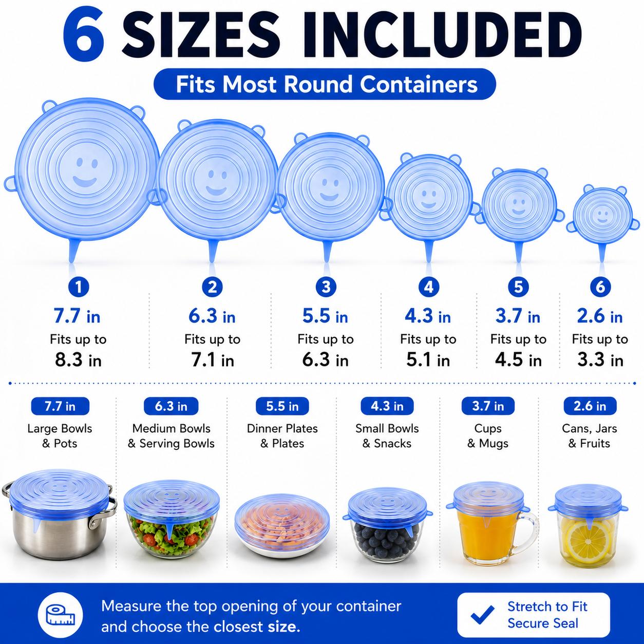 6 Pack Silicone Stretch Lids (2.6", 3.7", 4.3", 5.5", 6.3", 7.7"), Reusable Food Grade Silicone Covers for Bowls, Pots, Cups & Fruits, BPA Free 6 Pack Silicone Stretch Lids (2.6", 3.7", 4.3", 5.5", 6.3", 7.7"), Reusable Food Grade Silicone Covers for Bowls, Pots, Cups & Fruits, BPA Free