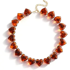 Amber Acrylic Heart Choker Necklace for Women Vintage Punk Chunky Necklace Trendy Fashion Accessory