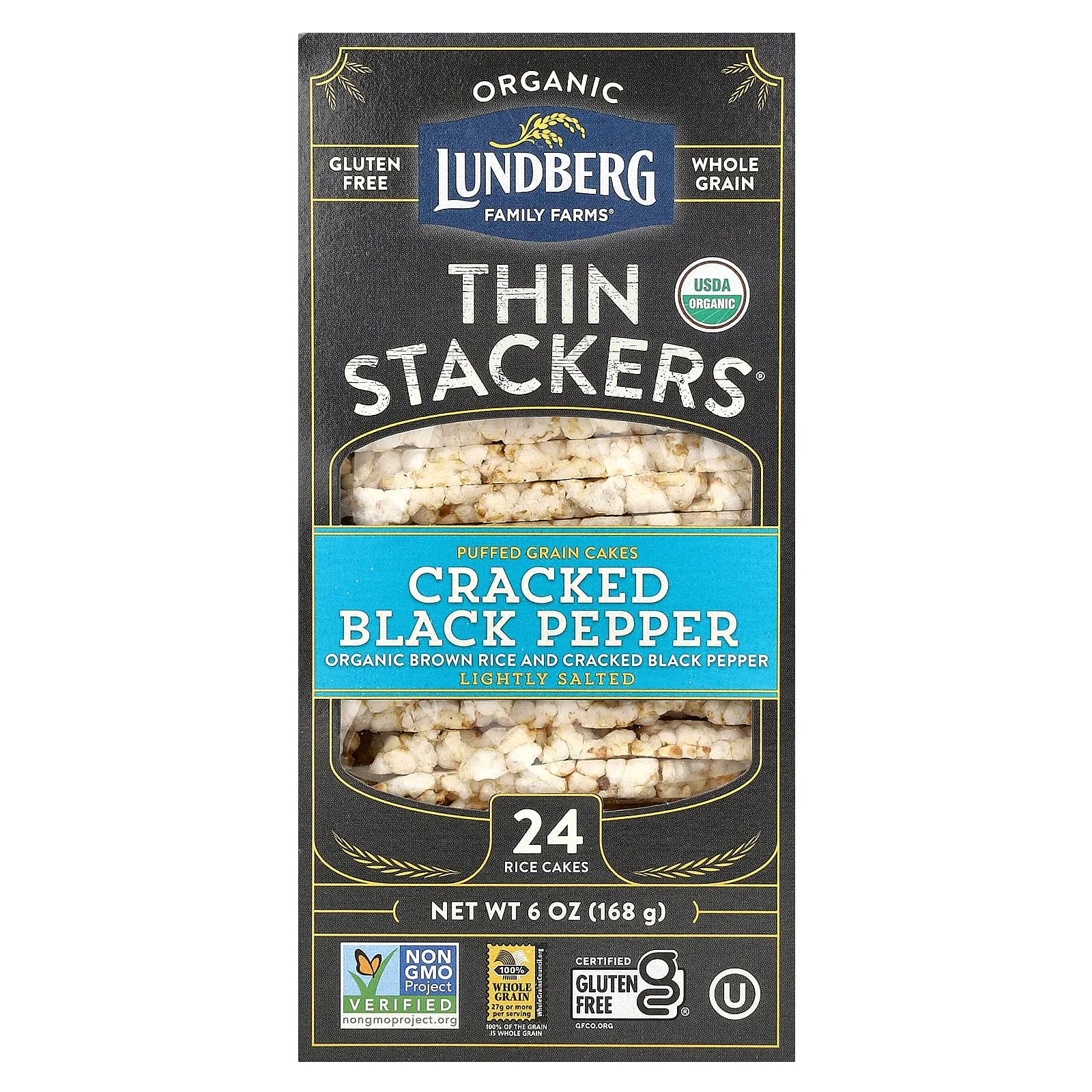 Lundberg Organic Thin Stackers, Puffed Grain Cakes, Cracked Black Pepper, Lightly Salted, 24 Rice Cakes, 6 oz (168 g)