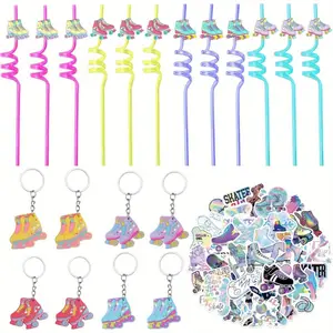 74Pcs Roller Skate Party Favors, Roller Skating Birthday Party Supplies Include Reusable Drinking Straws Skating Keychains Stickers for Throwback Hip Hop Theme Birthday Party Favors