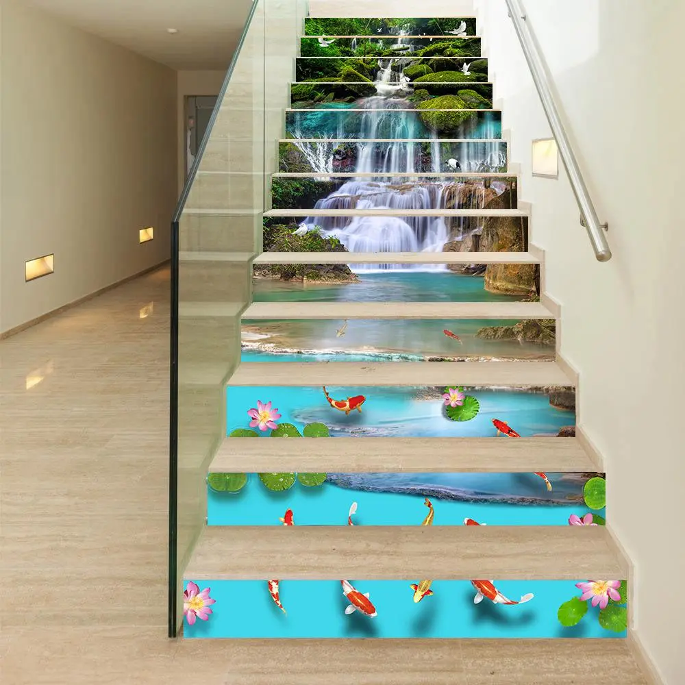 Waterproof Stair Sticker, 13pcs/set Colorful Fish & Waterfall Pattern Stair Decal, Removable Staircase Decal, Decorative Sticker for Home, Decorative Wall Sticker, Ornaments, Wall Art Stickers, Wall Decals