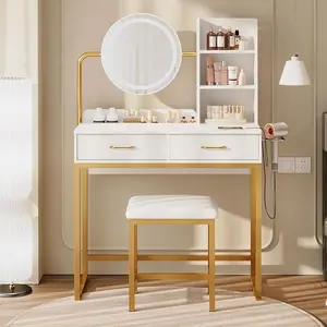 [Spring Glow Up] Vanity Desk with 360° Rotating LED Mirror & Lights, 2 Drawers & 6 Shelves, Dressing Table with Power Outlet & Hair Dryer Holder – Perfect Gift for Her & Bedroom Essential
