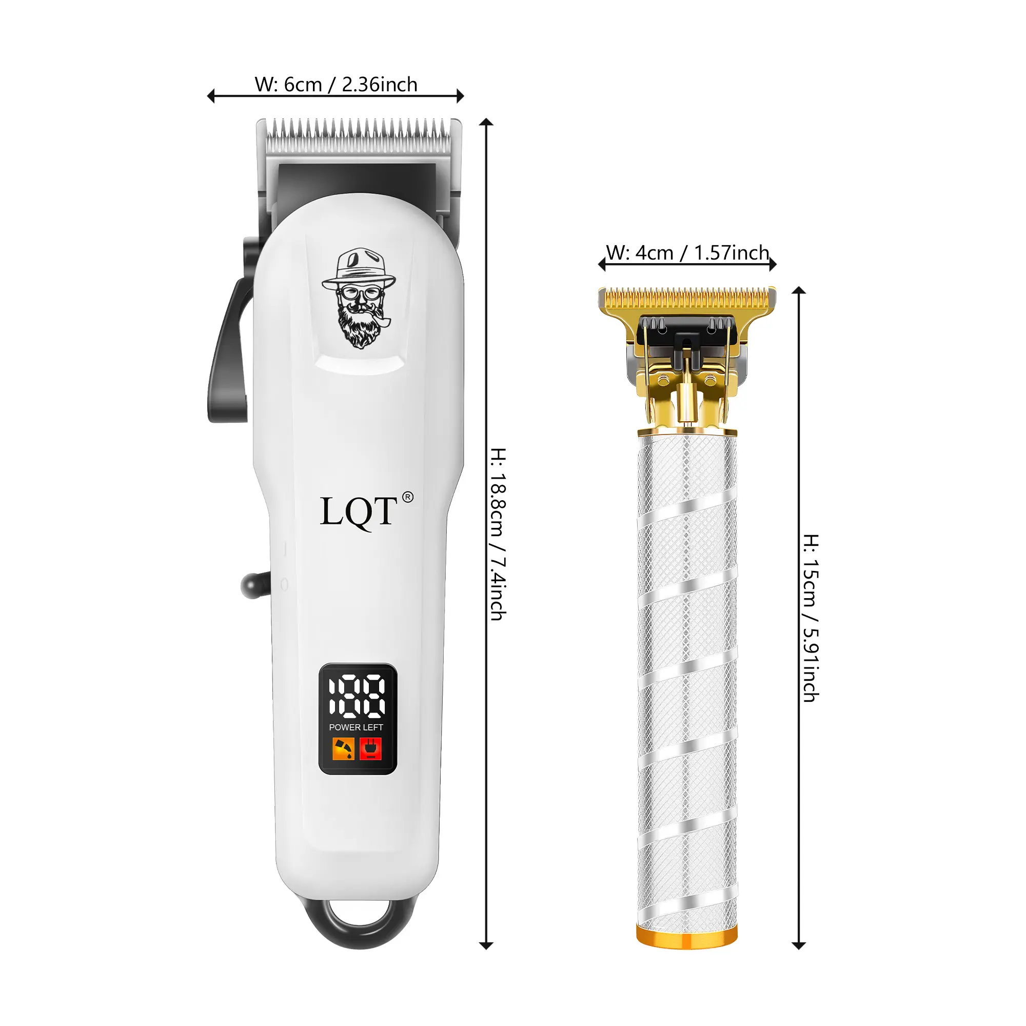 LQT Men’s 2-Piece White Hair Clipper & Silver Detail Trimmer Set - Professional Cordless Barber Kit with LED Display, USB Port, Adjustable Blades for Home Haircuts, Beard Grooming, Face Trimming, Husband Use, Adjust Blades, Digital Power, Barber Enthusias