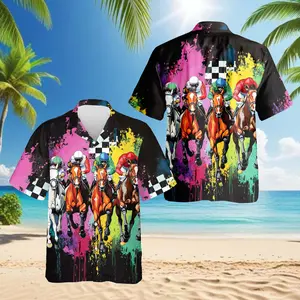 Kentucky Derby Hawaiian Shirt, Horse Racing Floral Aloha Shirt, Derby Party Outfit for Men, Button Down Short Sleeve Pattern Hawaiian Shirt
