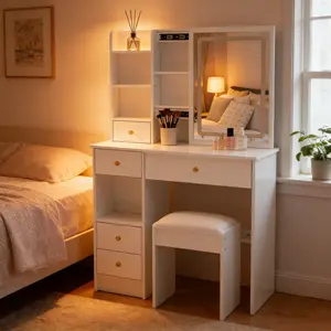 29.2" Small Space Makeup Vanity Desk with LED Mirror & Stool – Touch Control Tri-Color Dimmable Lights, Large Left Drawer High Capacity Storage, Compact Vanity Set for Bedroom – Modern White American Design, Award-Winning,Perfect Gift for Women & Girls