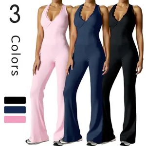 Sexy Women's Halter Neck V-Neck Jumpsuit - Sleeveless Solid Color Skinny Leg Unitard with Backless Design and Lift Detail in Polyester and Elastane Blend Knit Fabric for All Seasons