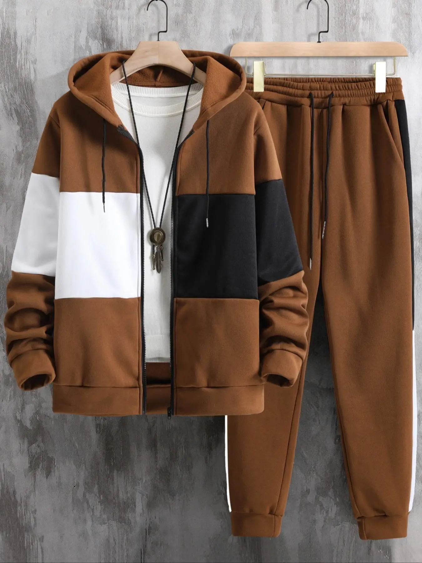 Two-piece Set Menswear Colorblock Zip Up Lounge Co-ord Set without Tee & Necklace, Going Out Outfit, Long Sleeve Full-zip Hoodie Sweatshirt Outerwear