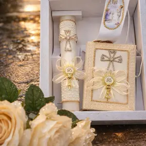 First Communion Candle Set with 8”Candle, Rosary, New Testament & Decorative Elements in Box for Boys and Girls English & Spanish Ivory