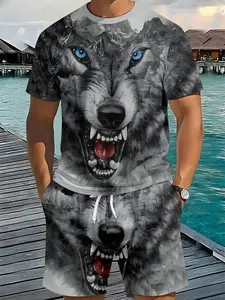 Men's 3D Digital Print Matching Two-Piece Set, Ice Blue Howling Wolf Print Short-Sleeve Set, Trendy Stylish Casual Two-Piece, Beach Vacation Style Fashion Outfit, Lightweight and Breathable Sporty Casual Style, Perfect Gift for Men on Festivals, Menswear