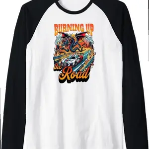 Burning Up The Road Race Car And Dragon Raglan Baseball Tee
