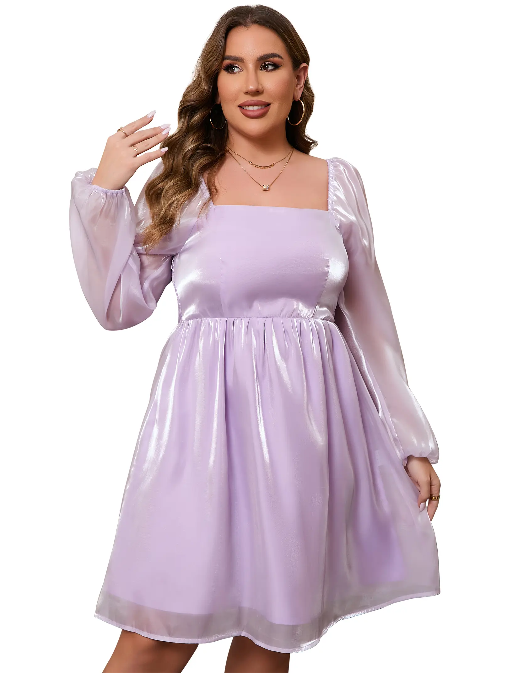 YF Clearance! Women's Plus Size Organza Babydoll Dress, Shimmer Puff Sleeve Square Neck Casual Party Dress Fabric Light Womenswear Fit Flowy Sheer Stretchy Style Tops