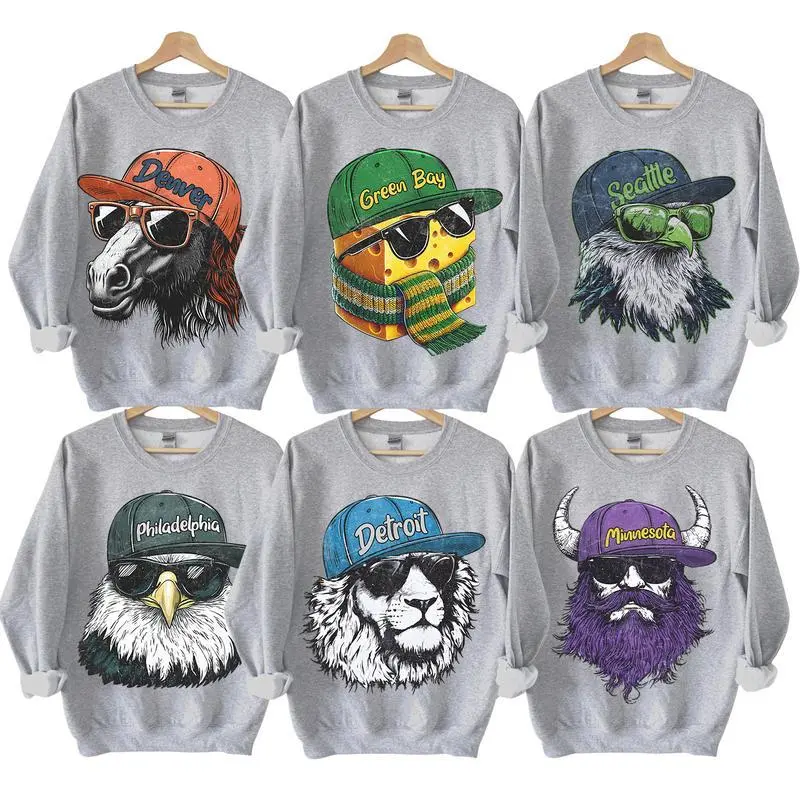Mascot Football Sport Grey Crewneck Sweatshirt, Vintage 90s Graphic Style All Teams Football Sweatshirt