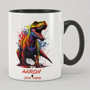 Custom 11oz Dinosaur Watercolour Ceramic Mug - Personalized with Name, Zodiac Sign, Dual-Sided, Washable Coffee Cup, Unique Gift for Son, Black Kitchen Drinkware, Watercolour Mugs