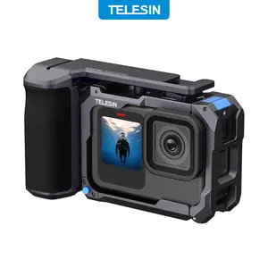 【Camera Not Included】TELESIN Camera Grip Rig with Metal Cage for GoPro Hero 13/12/11/10/9 – Ergonomic Leather Stabilizer Handle, Patented Seesaw Shutter Button, Tripod Mount, Quick Battery Access – Ideal for Vlog, Travel, Street Photography, Urban Filming