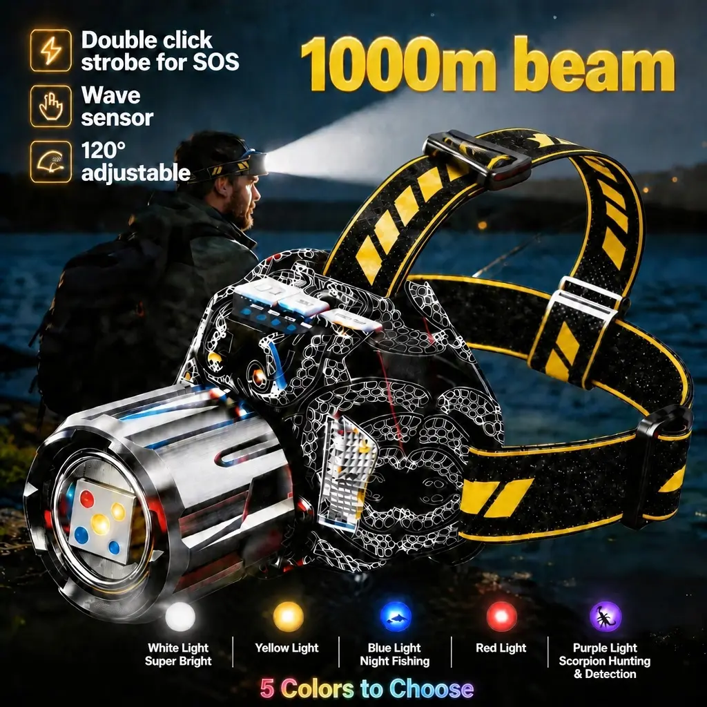 Rechargeable Multicolor LED Headlamp with Adjustable Headband, High‑Lumen Long‑Distance Brightness, 5 Switchable Light Colors White Yellow Blue Red UV, Hands‑Free Lighting for Night Camping, Hiking, Night Fishing & Outdoor Activities