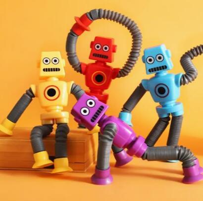 4pcs Stretchy Robot Toys with Telescopic Arms - Multi-Color (Yellow, Red, Blue, Purple,) - Sensory Birthday, Christmas, Easter Party Favors - Durable Plastic Construction for Toddlers, Kids Boys & Girls
