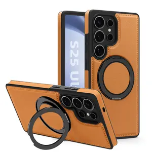 Leather Magnetic Case Fit for Samsung Galaxy S26 Ultra S25 Ultra S24 S23 S22 Ultra Plus [Compatible with MagSafe][360-Degree Rotatable Ring Stand & Kickstand] Protective Phone Cover for Samsung S25 FE Protection