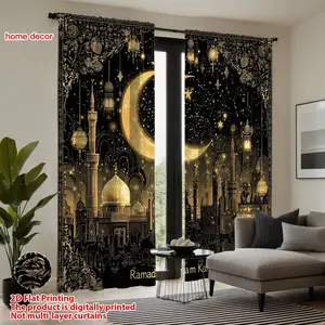 Islamic Style Gold Ramadan Curtains, 2pcs 2D Print Living Room Bedroom Decor, Durable Polyester Fabric, Privacy & Light Control