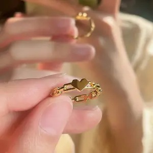 Linked Hollow Heart Ring for Women – Minimalist Geometric Chain Design, Unique & Fade-Resistant