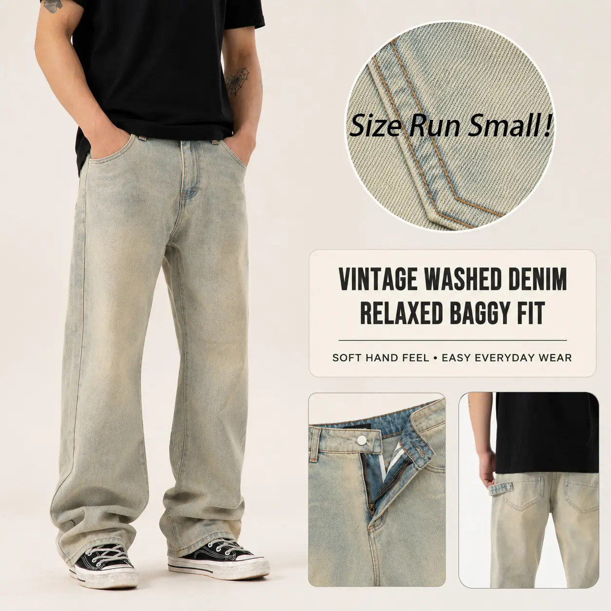 Men's Light Wash straight leg Jeans  Loose Fit Wide Leg Denim Pants elastic waist, commuter casual trousers Y2K Skater Streetwear  Menswear #136C Beige Plain