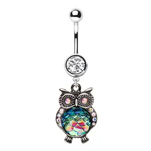 Jeweled Rainbow Owl Dangling Belly Button Ring - 316L Stainless Steel