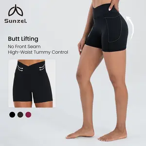 Sunzel Hidden Butt Lifting Scrunch Biker Shorts Women with Pockets Crossover High Waist Yoga Gym Workout Tummy Control Shorts