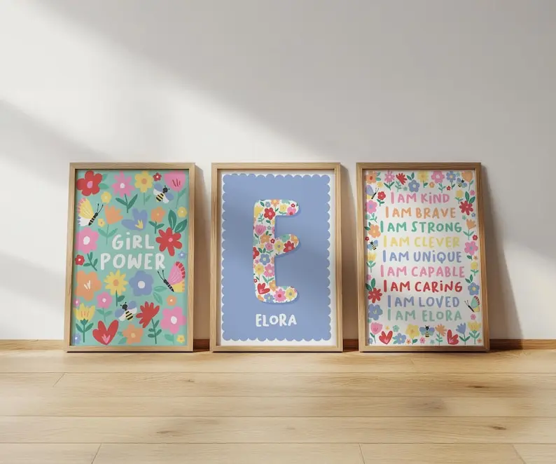 Set 3 Colourful floral print set: personalised name, affirmation, girl power nursery art Violet and Primrose Creations Set 3 POster