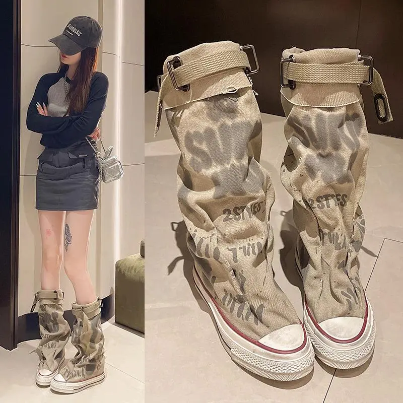 2024 New Trouser Barrel Stacking  Graffiti Top Canvas Shoes Women's  Wide Barrel Mid Barrel  Footwear Girl 886A-Khaki Round Toe Orthotic Design boots