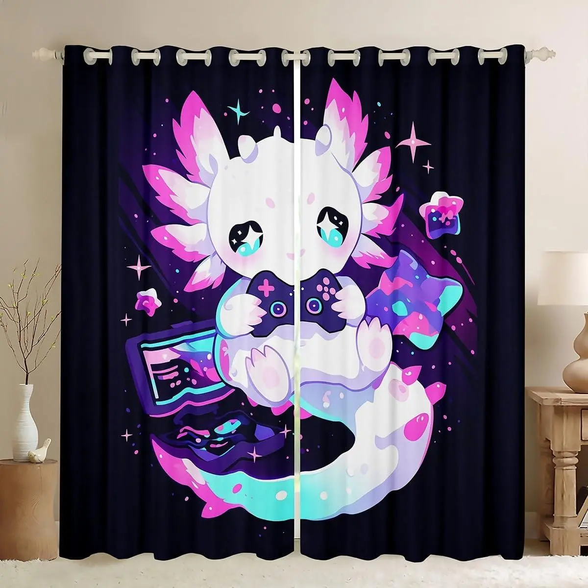 Cartoon Axolotl Kids Window Curtains Axolotl Gaming Blackout Curtains Axolotl Gamer Curtains & Drapes for Boys Girls Video Game Room Decor Cute Salamander Curtains 2 Panels