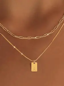 Women's Elegant Stainless Steel Rectangle Letter Pendant Necklace Set, Fashionable Multi-Layer Paper Clip Chain Box Chain Design, Perfect Gift for All Occasions