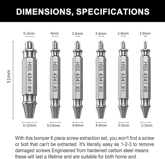 6 Pcs Screw Extractor Set for Stripped & Broken Bolts, Professional Damaged Screw Remover Kit with Storage Case, Hardened Steel Easy-Out Tool with Hex Shank Non-Slip Design, 2-Step Drill & Remove for DIY Automotive Plumbing Mechanical Repair