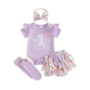 Newborn Infant Baby Girls Easter Shorts Outfits Set Flying Sleeve My 1st Easter Romper Tops Tiered PP Shorts Headband Leg Warmers Clothing Sets 0-18 Months