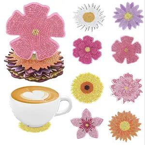Flower Shaped Pattern Wooden Coaster, 8 Counts/set DIY Diamond Arts Colorful Painting Kit Coaster, Decorative Table Mat for Coffee Cup, Office, Kitchen and Restaurant