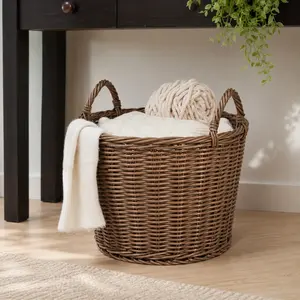 Fahuac Synthetic Round Cone Woven Storage Basket with Handles, 16x16x10.5in Resin Wicker Home Decor Organiser, Chocolate Brown Baskets for Organizing (Bathroom, Clothes)