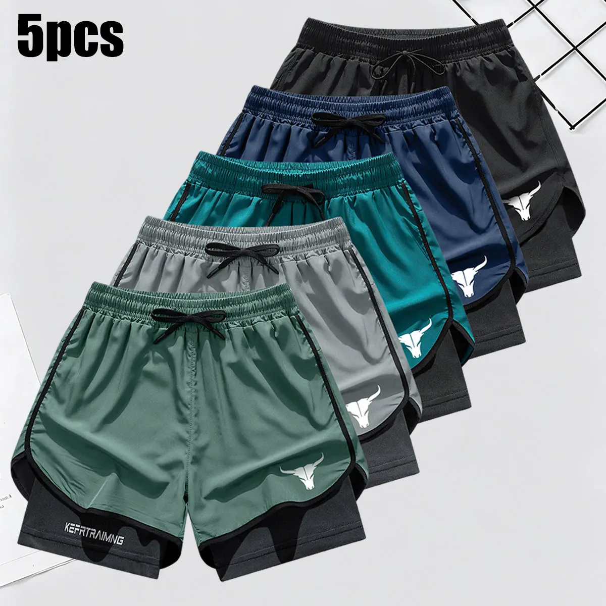 Men’s Fitted Stretch Quick-Dry Breathable 2-in-1 Double-Layered Bulk Fashion Sporty Shorts - All Over Print, Inner Phone Pocket, Lace Up for Running & Fitness