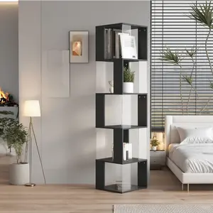 5 tier Rotating Bookshelf, Floor Rack Simple Bookcase with Acrylic plate Student Multi-Function Creative Bookshelf for Living Room with anti-toppling base