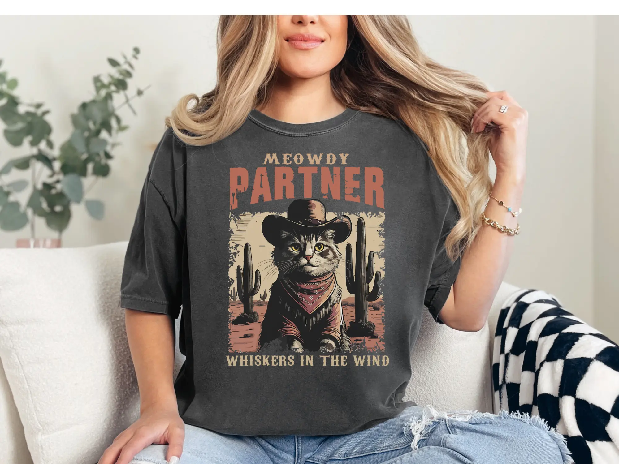 Meowdy Partner Cowboy Cat Shirt C1717 Vintage Western Cat Tee Unisex Comfort Colors 100% Cotton Preshrunk Soft-Washed Fabric with 1" Ribbed Collar