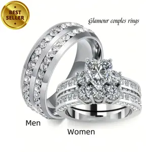 Men's fashion couple ring set and 2 women's heart-shaped silver rings, ideal for wedding, engagement