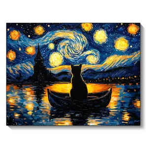 Starry Night Cat Diamond Painting Kit for Adults, Full Drill DIY Crystal Art Canvas Wall Decor, Relaxing Cat Nightscape Craft Gift